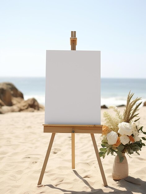 A white canvas on a stand on a beach with a beach scene in the background.