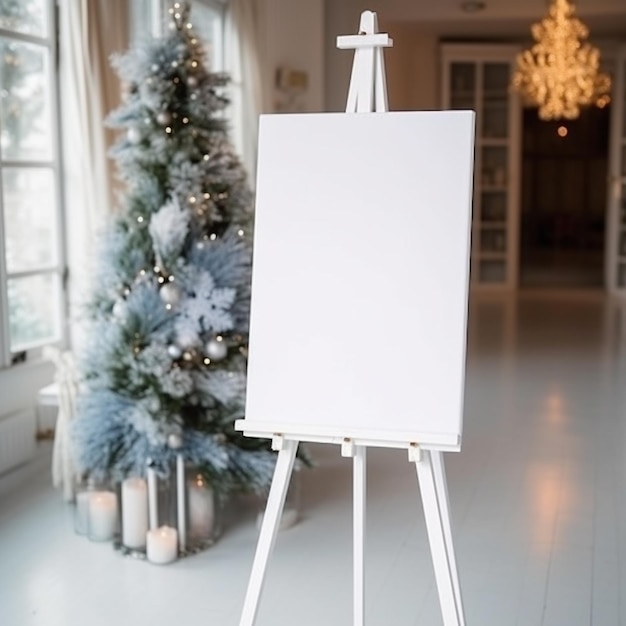 White canvas on a white background with a christmas tree in the background