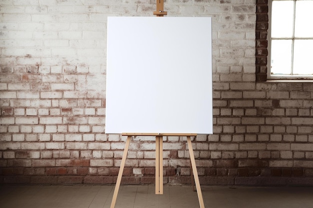 White canvas on a wooden easel against a brick wall.