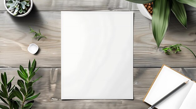 Photo a white canvas on a wooden table with a bouquet of flowers