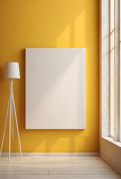 Photo a white canvas on a yellow wall with a lamp and a lamp