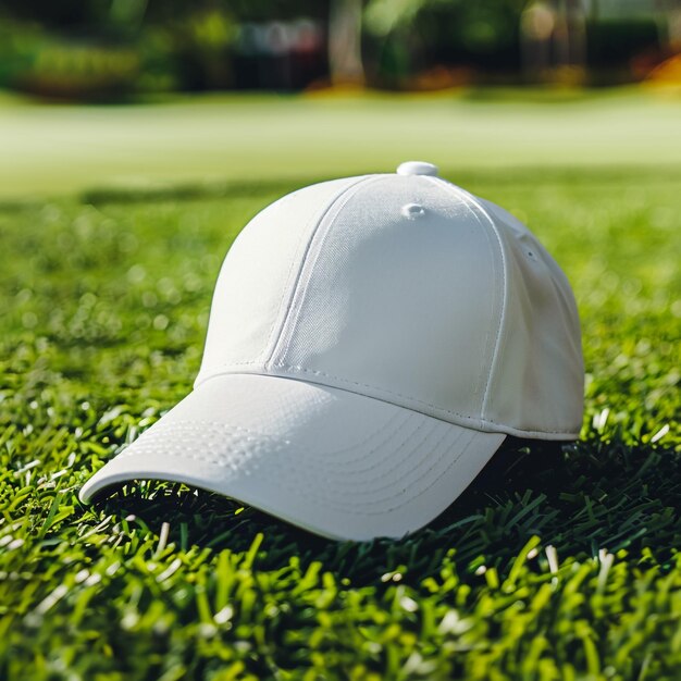 a white cap sits on the grass in the sun