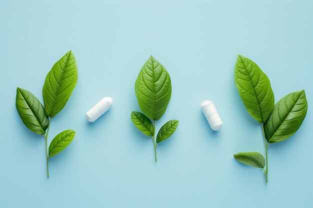 White capsules with green leaves on blue background with copy space Pharmacy and ecology theme pharmaceuticals healthcare medicine herbal remedies organic pharmacy natural dietary supplements