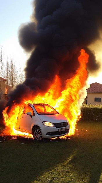 A white car is on fire in a field