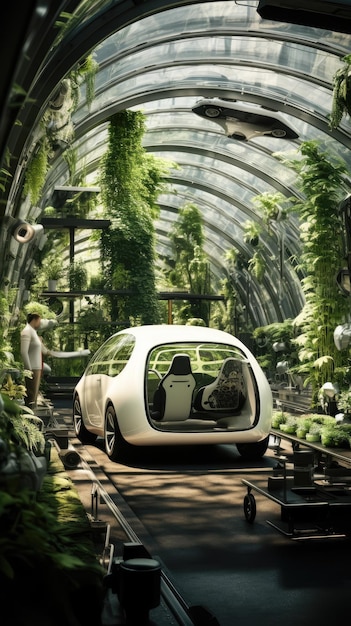 Photo a white car is parked in a greenhouse