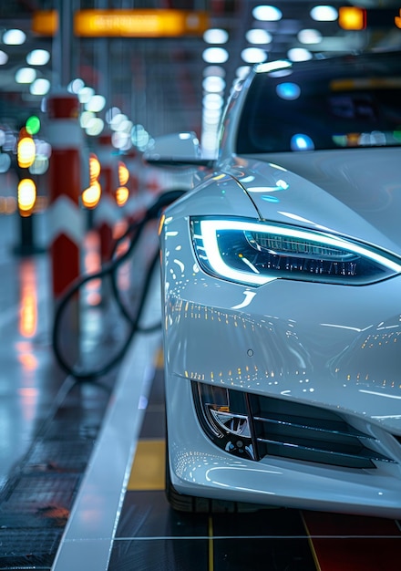 A white car is parked in a parking lot with a charging station