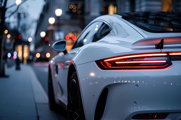 A white car parked on the side of a street at night time with its lights on and a street light on