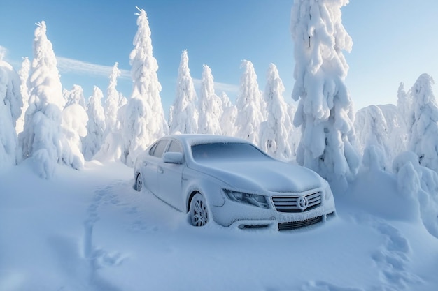 White car on parking in winter forest Window and mirror all covered up with snow Clo Generative AI