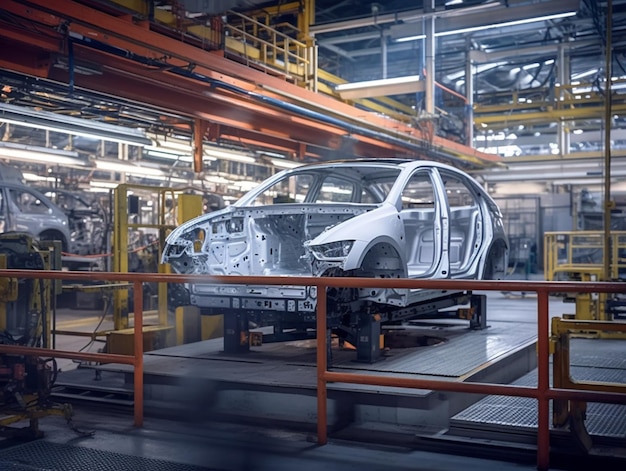 A white car on a production line with the word audi on the door.