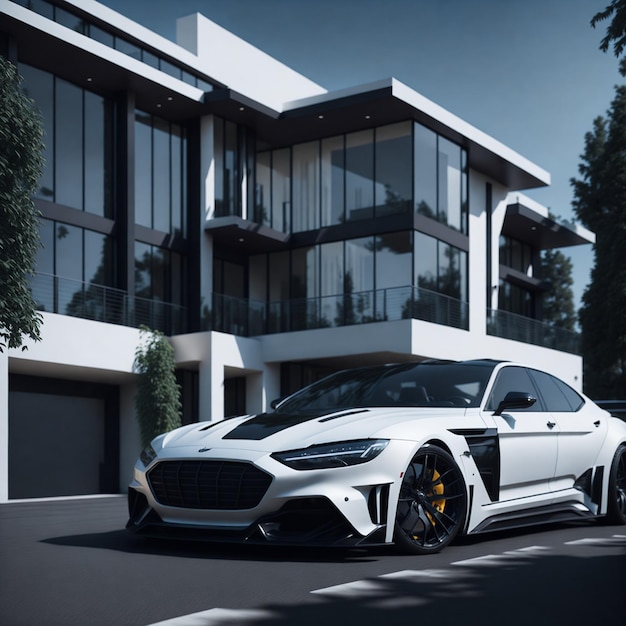 A white car with black wheels is parked in front of a building.