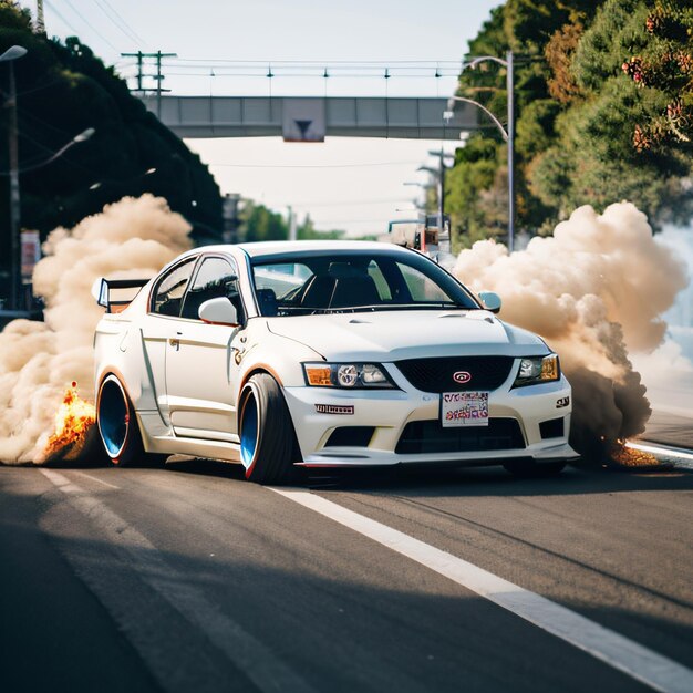 Photo a white car with a lot of smoke coming out of it's exhaust pipes on a street with a bridge in the ba