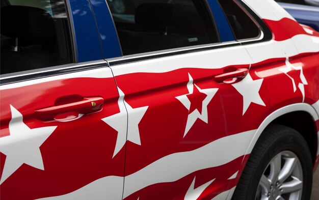 A white car with a red and blue flag design on the side 4th July independence day background