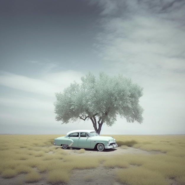 Foto un'auto bianca con un albero sul lato