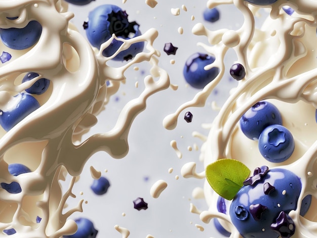 블루베리 색 우유를 곁들인 흰색 캐러멜과 흰색 배경에 블루베리의 스플래시