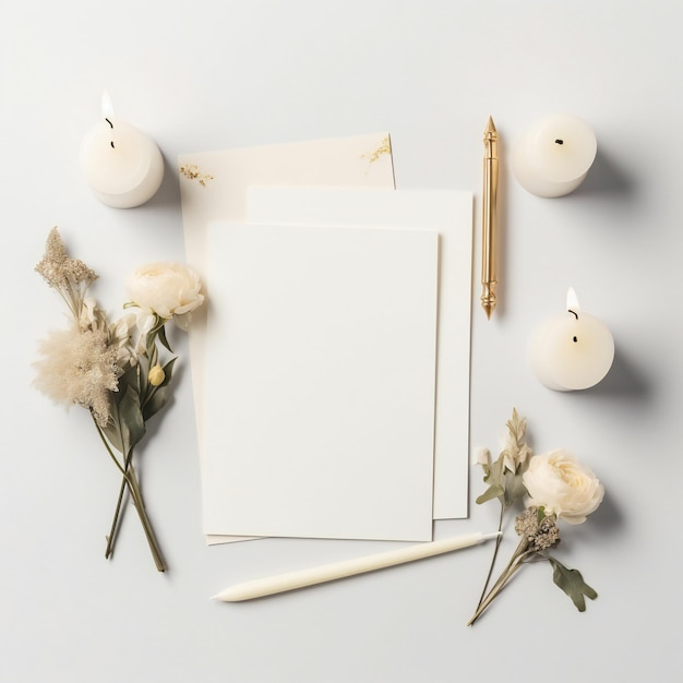 A white card and candles are laid out on a table with candles and flowers.