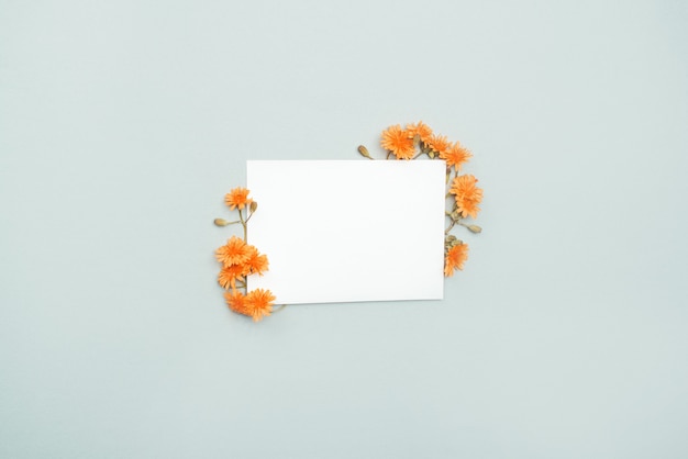 White card for congratulations and wishes with orange flowers around.