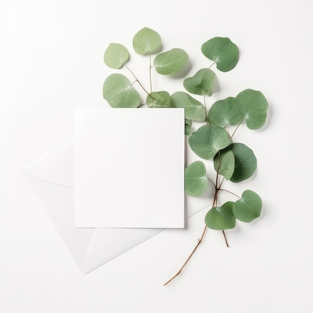 White card mockup with green leaves Illustration AI GenerativexA