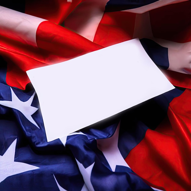 A white card on a red, white and blue flag with the word usa on it