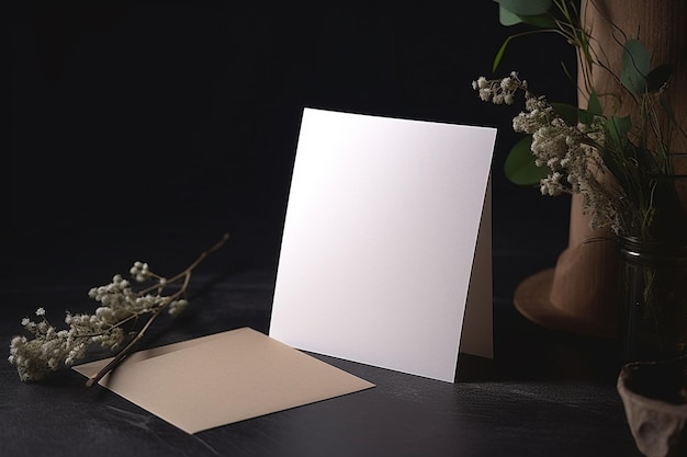 A white card sits on a table next to a vase of flowers.