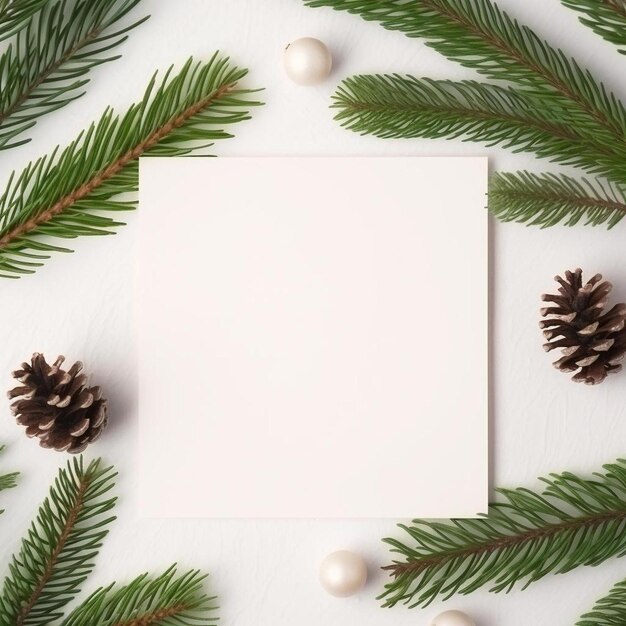 a white card surrounded by pine branches and pine cones