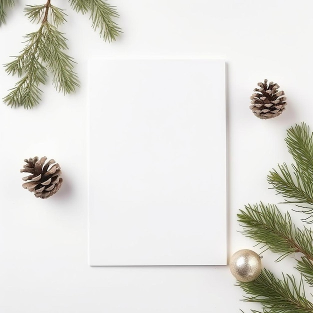 a white card surrounded by pine branches and pine cones