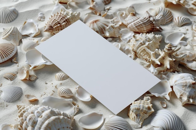 Photo a white card surrounded by seashells on a beach