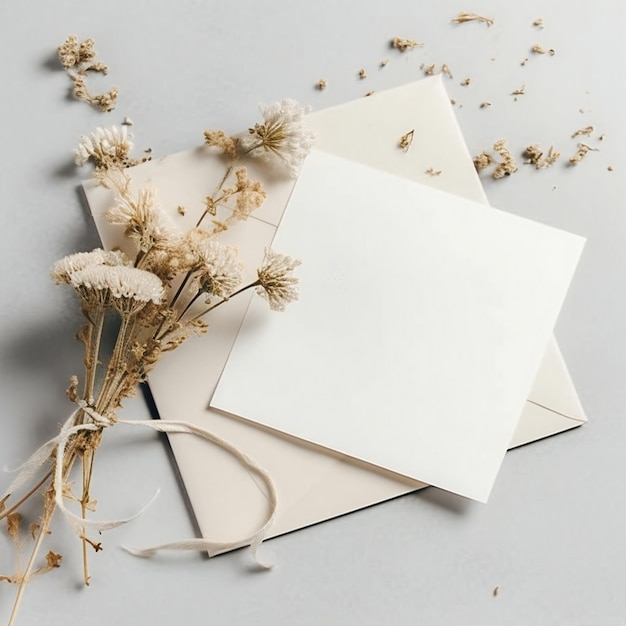 A white card with a bouquet of flowers on it and a card with a white card on it.