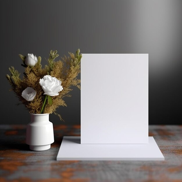 a white card with a bouquet of flowers in a white vase.