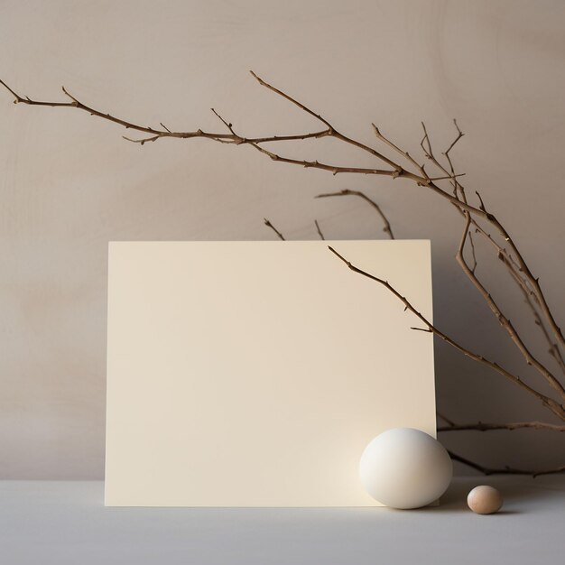 a white card with a branch on it and a white background with a nest on it.