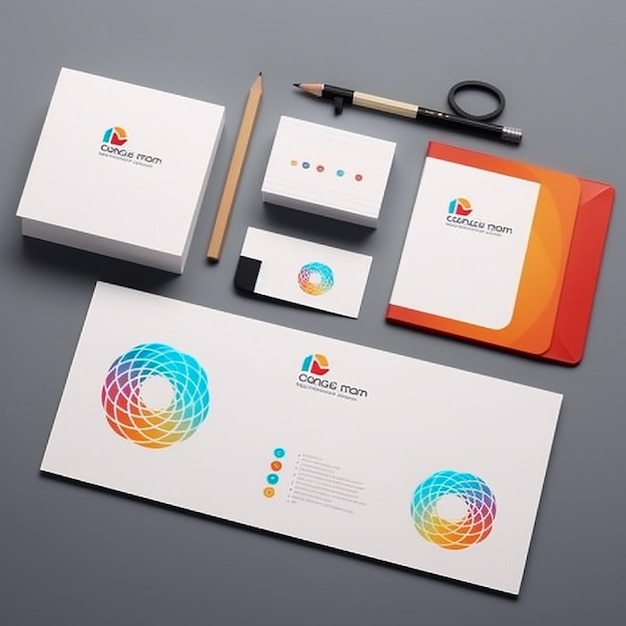 a white card with a colorful logo on it