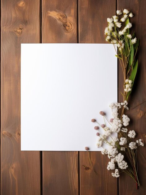 Photo a white card with flowers and a card on a wooden background