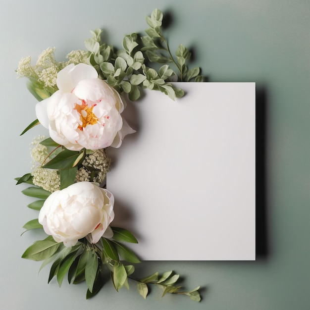 a white card with flowers on it and a picture of a flower.