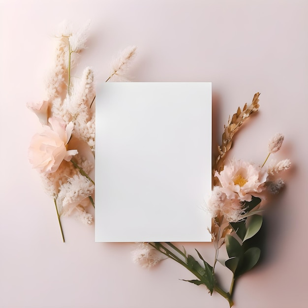 A white card with flowers on it and a white card on a pink background.