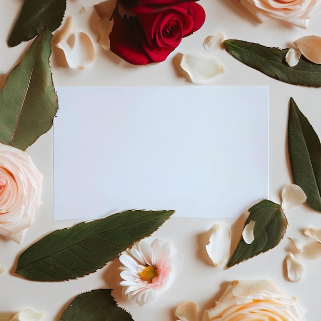 Foto un cartoncino bianco con fiori e un cartoncino bianco al centro