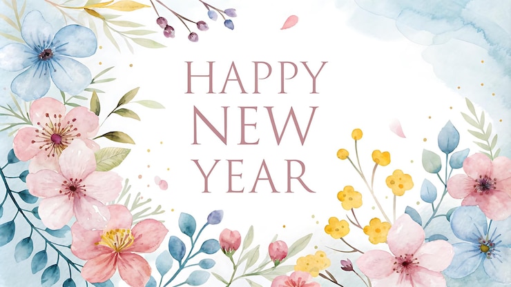 Photo 白いカードに花と新年明けましておめでとうございますと書かれています
