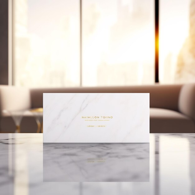 a white card with gold lettering on a marble table