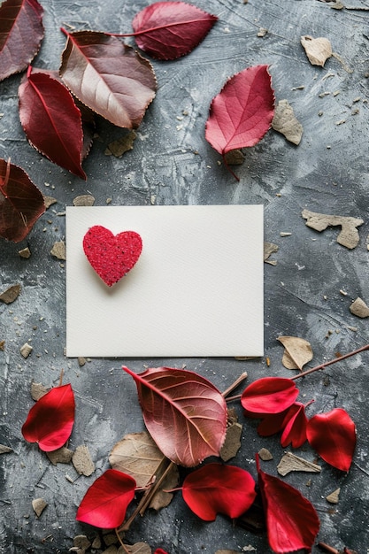 A white card with a heart on it is placed on a table with red leaves and twigs