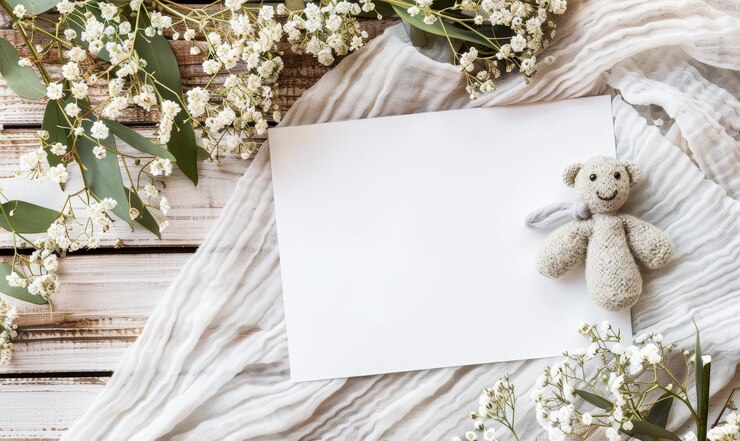 Photo a white card with a knitted bear and flowers on a wooden backgro
