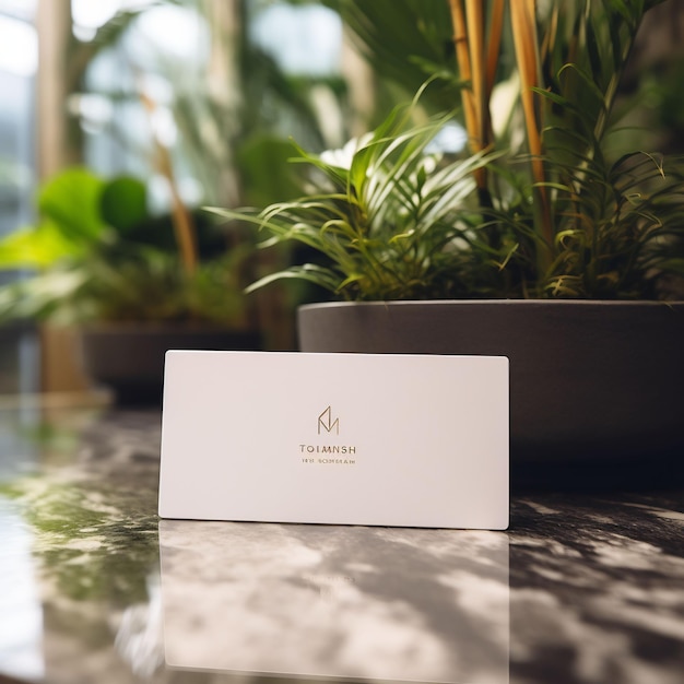 a white card with a logo on it sits on a marble counter.