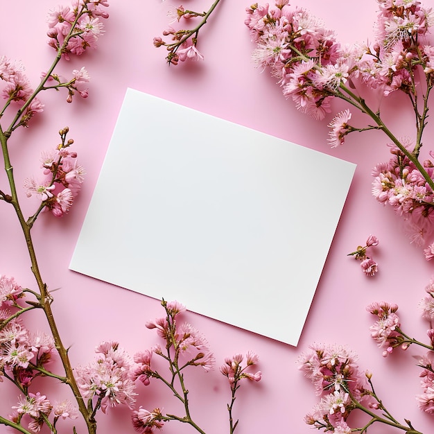 Foto cartoncino bianco con rami rosa su superficie rosa