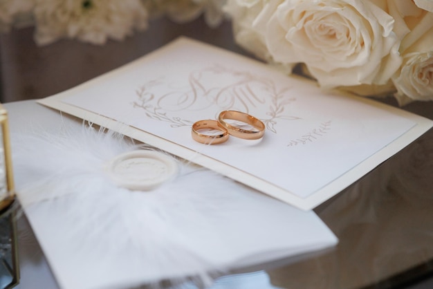A white card with two gold rings on it