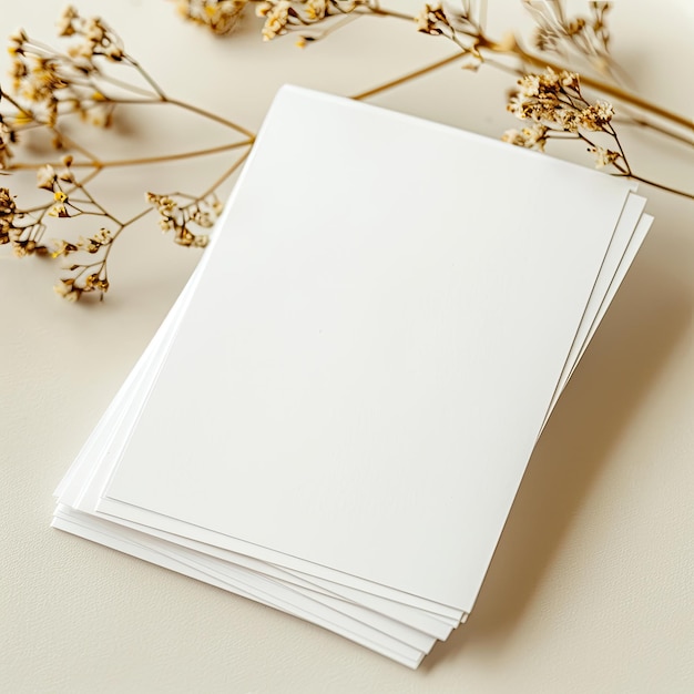 a white card with a white card on it and a floral garland