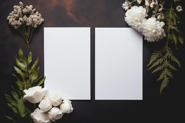 A white card with white spring flowers Place for text