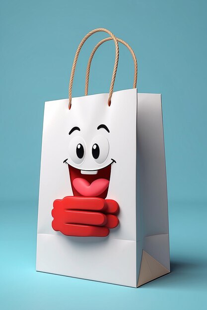 White cardboard bag with cartoon hand the concept of purchase delivery gift 3d rendering