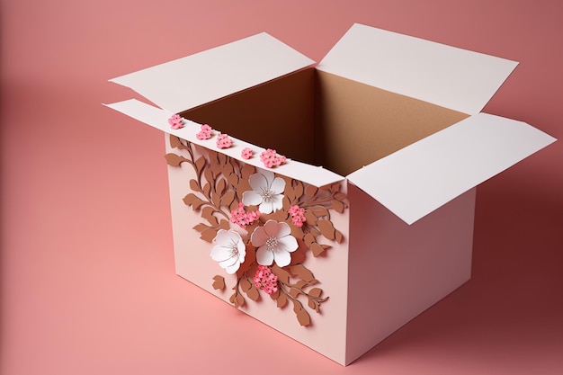Белая картонная коробка с розовым фоном и красными цветочными украшениями
