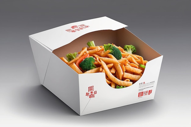 White Cardboard Fast Food Box Packaging For Lunch Chinese Food On White Background Isolated