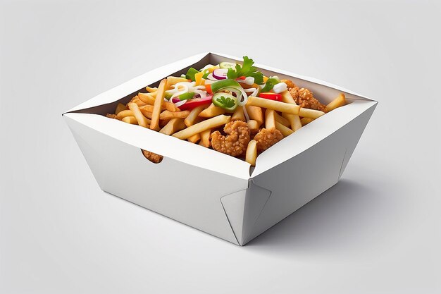 White Cardboard Fast Food Box Packaging For Lunch Chinese Food On White Background Isolated