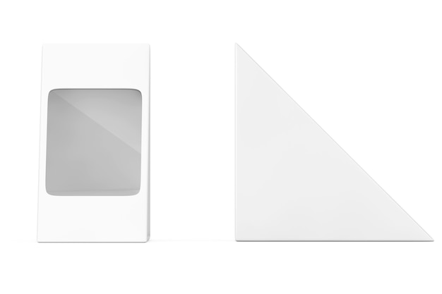 Pacchetto di cartone bianco triangolo vaiolo per alimenti, regali o altri prodotti con uno spazio vuoto per il tuo design su uno sfondo bianco. rendering 3d