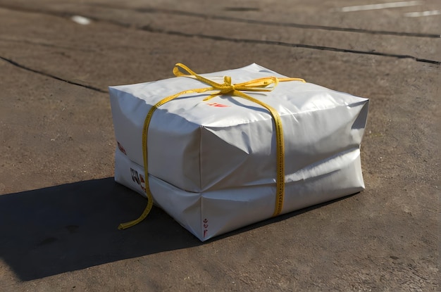 A white cargo parcel on the road Online shopping concept Delivery box