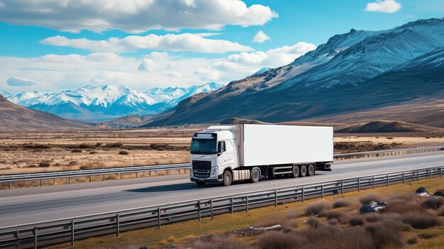 Foto un camion merci bianco con un rimorchio vuoto bianco per l'annuncio su una strada autostradale generative ai
